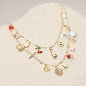 Gold Cross Cherry Mushroom Beaded Multi Charm Pendant Layered Station Necklace
